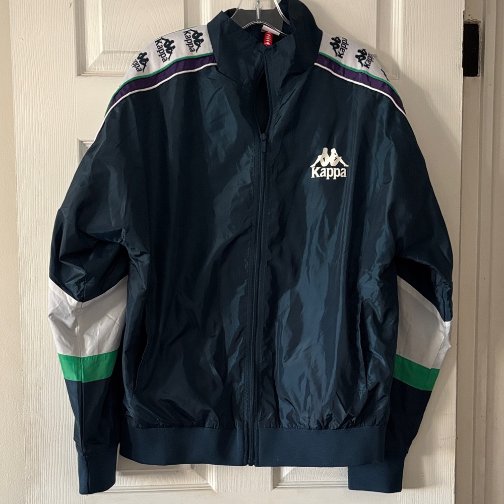 Kappa Men's Dark Blue Windbreaker with Green and White Details